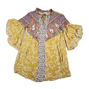 Yellow Multicolor Boho Mini Dress Bell Sleeve Gauze Festival Floral Mixed Print